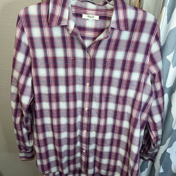 Madewell Ex-Boyfriend Button Up Shirt Manhasset Plaid Pink White Classicore Sz L - Picture 2 of 8